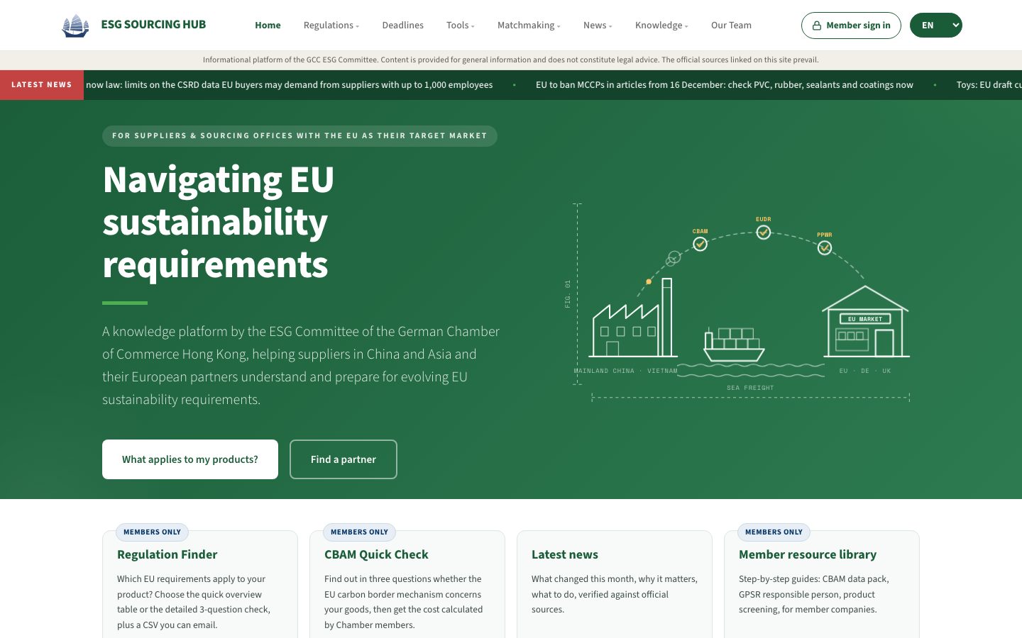 The ESG Sourcing Hub home page: Navigating EU sustainability requirements, with the Regulation Finder, the CBAM Quick Check, latest news and the member resource library.